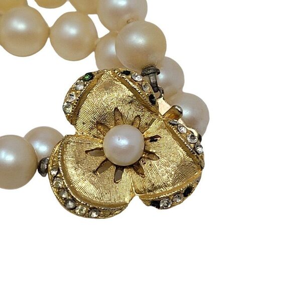 Vintage Glass Faux Pearl Double Strand Princess Necklace Gold Rhinestone Flower - Picture 5 of 11